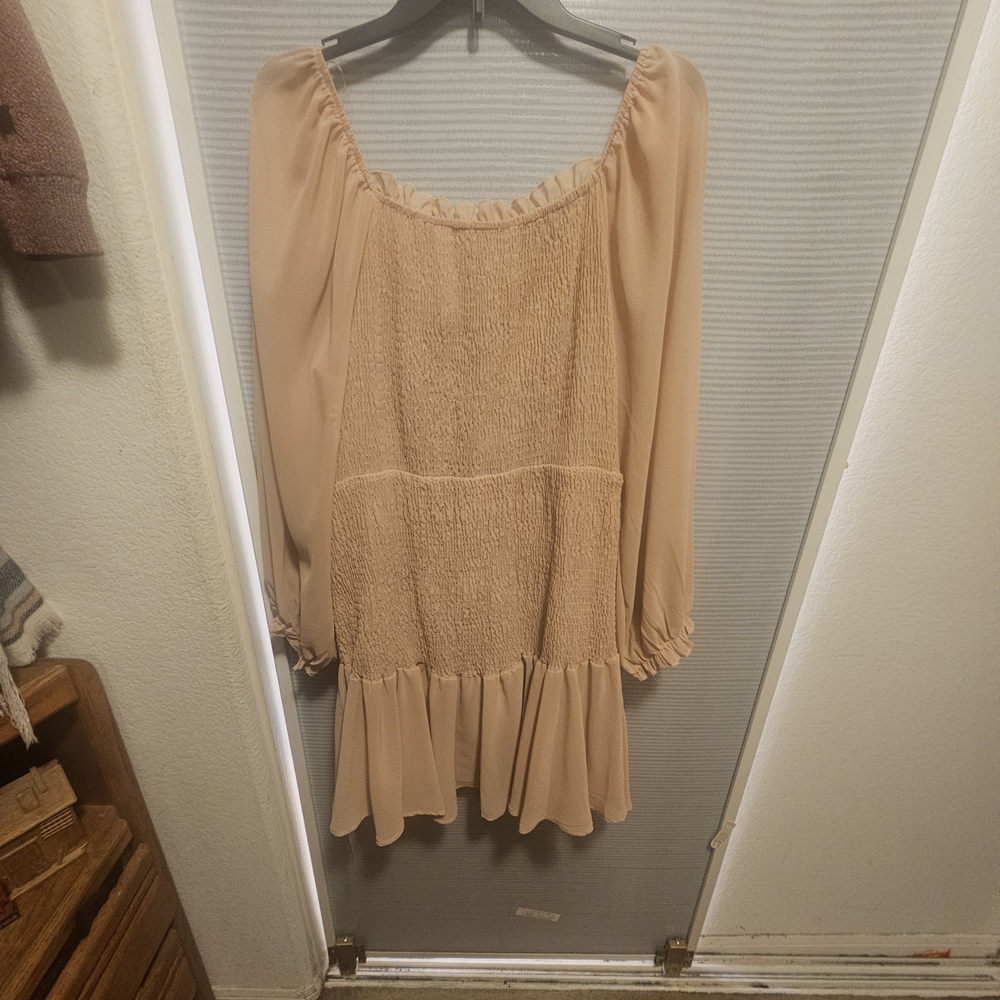 Beige Smocked Peasant Blouse Dress - Women Tops